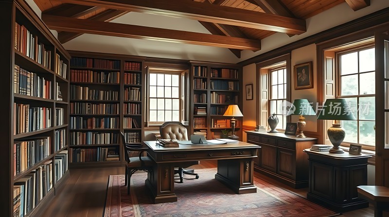 古色古香书房木制家具与书架