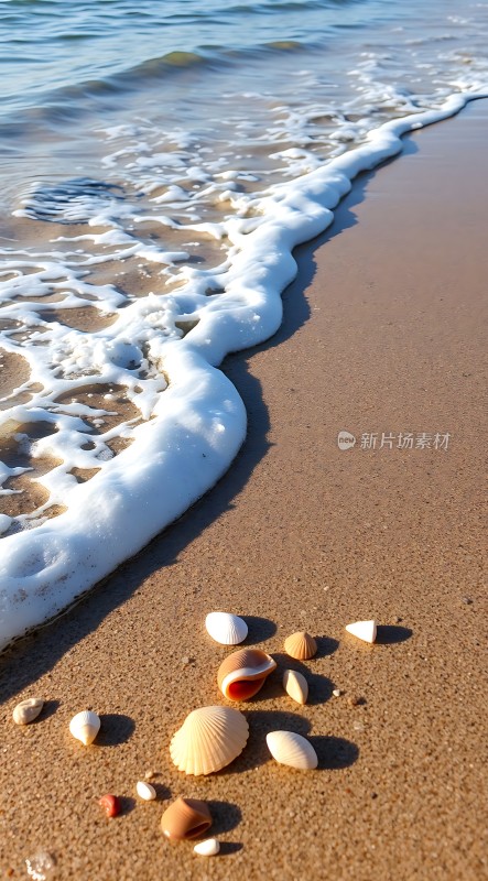 海浪轻拍沙滩贝壳散落阳光下