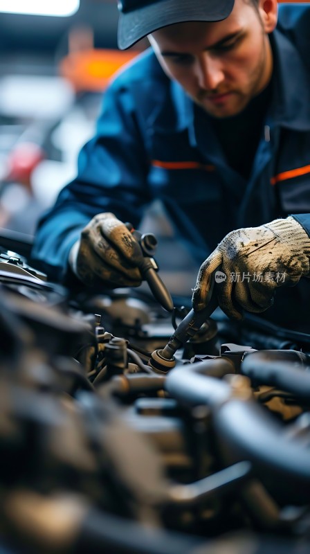 机械师专注检修汽车引擎