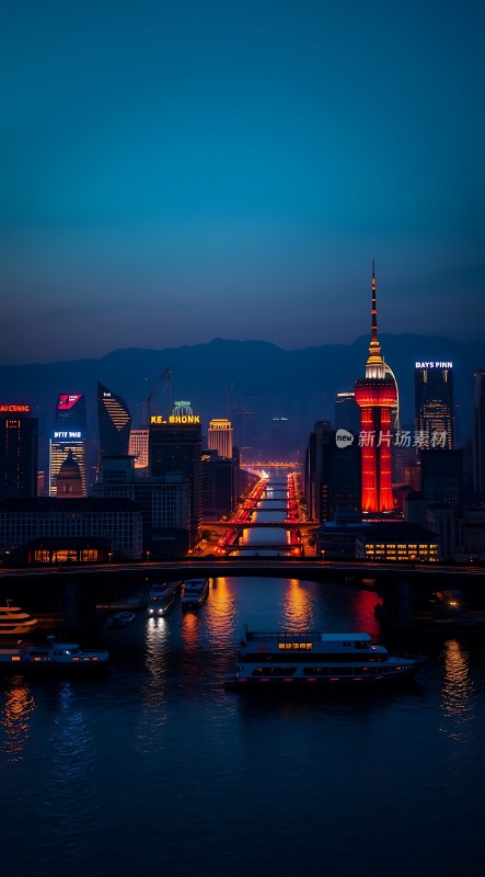 黄浦江畔夜色迷人东方明珠点亮上海天际线
