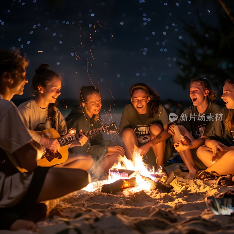 篝火旁的朋友欢聚一堂吉他声与笑声交织在星空下