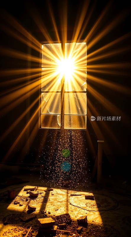 阳光洒落破碎玻璃窗前光影交错