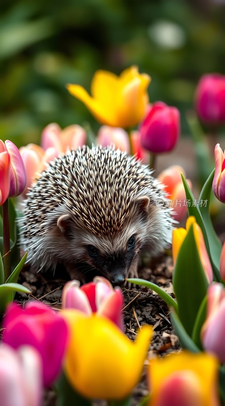 彩色郁金香丛中的小刺猬