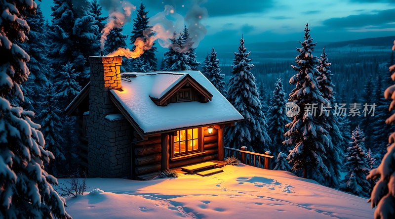 雪夜小木屋温馨宁静