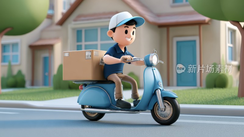 3d卡通快递员，摩托车包裹送货