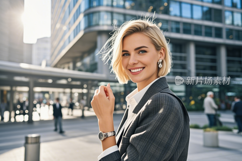 身穿西装的金发女人在城市广场微笑高清图片