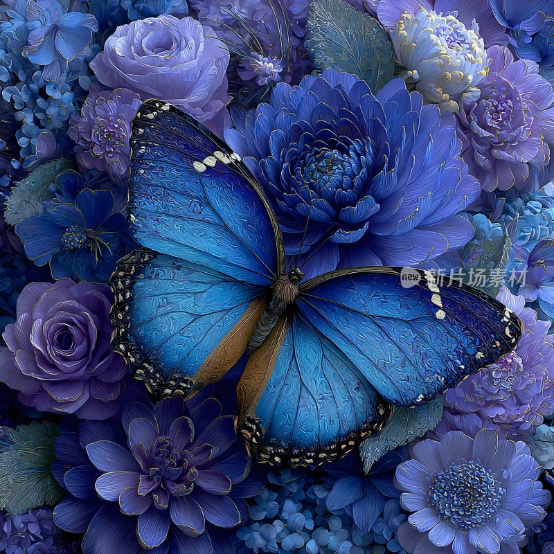蓝蝶栖于紫花丛中插画