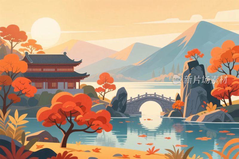 中国古风山水风景插画