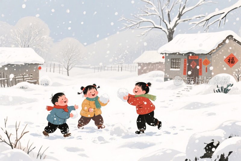 雪地孩童玩耍插画场景