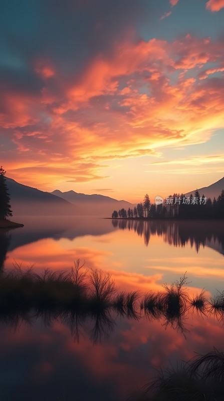 湖畔霞光映水波