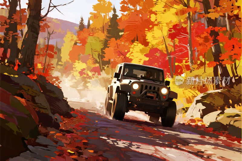 秋日越野吉普车行驶在山林间