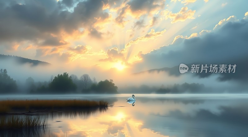 湖畔晨曦映白鹭