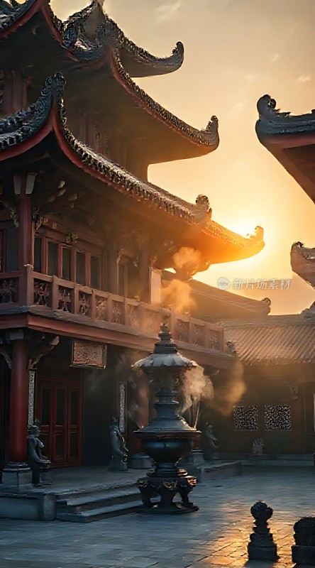 晨曦中的古寺香炉