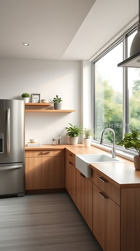 现代厨房设计自然光线充足绿植点缀木制橱柜与不锈钢电器相得益彰