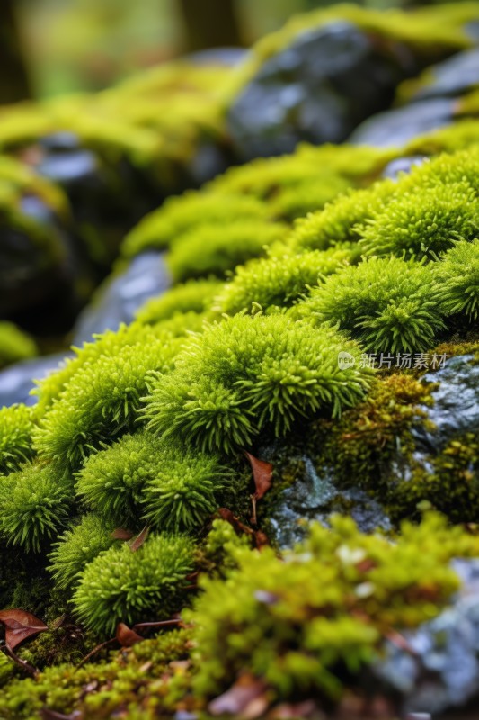 苔藓生长在树林里有水的岩石上高清风景图片