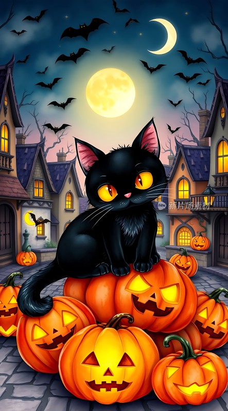 黑猫南瓜灯万圣节之夜