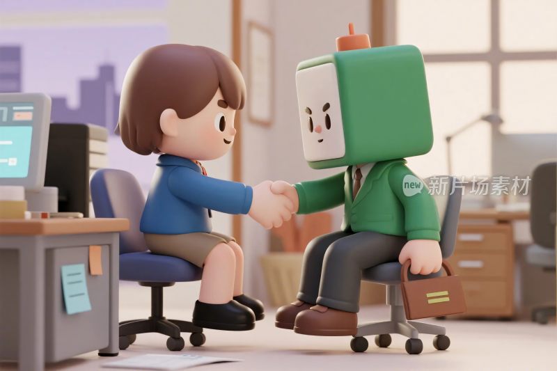 人与机器人在办公室握手场景