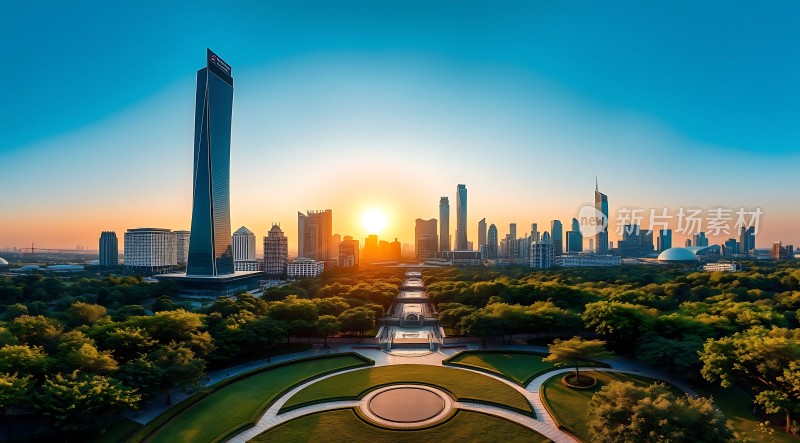 城市日出摩天大楼与绿意盎然