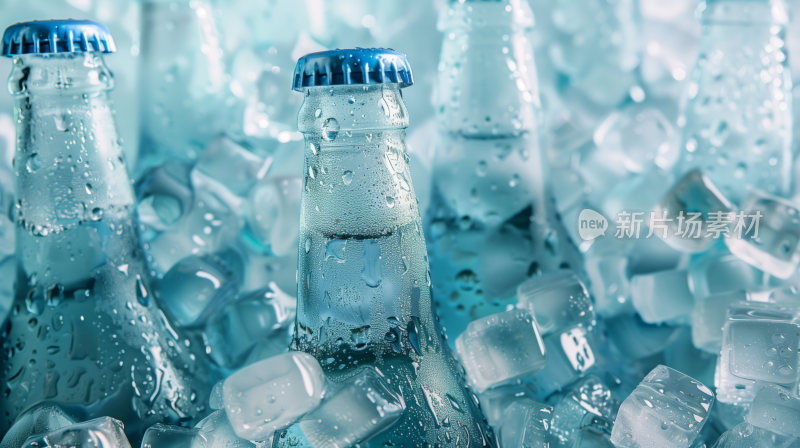 无色透明的冰镇玻璃瓶装汽水饮料