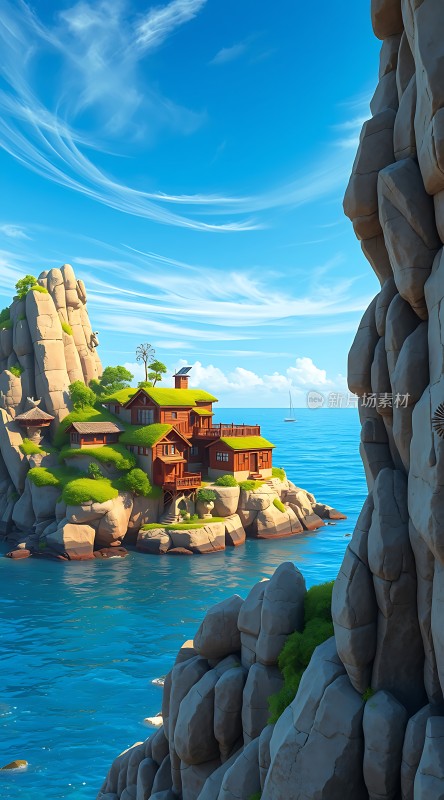 碧海蓝天下的悬崖木屋