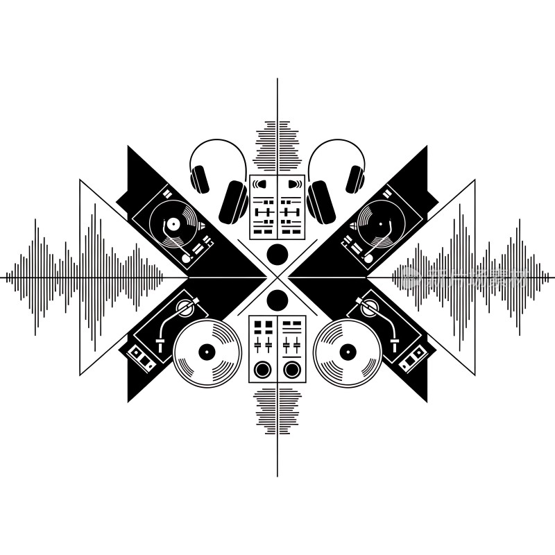 黑胶唱片与耳机交织的音乐交响曲