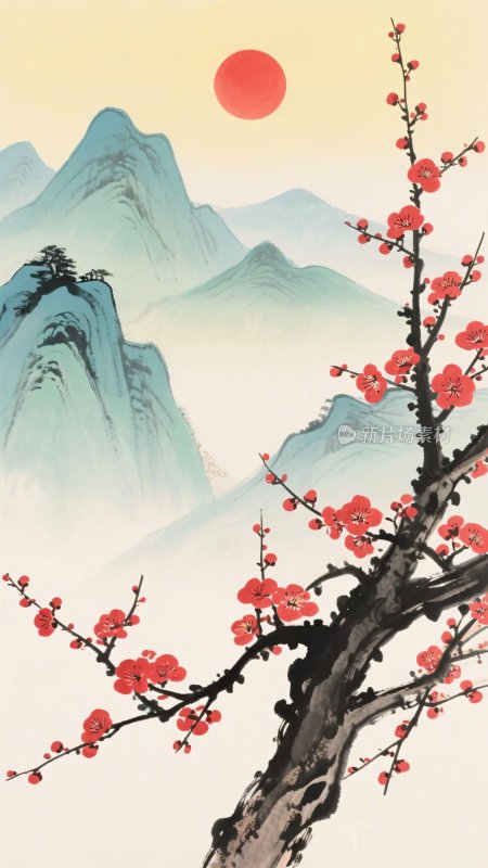 红梅映山景红日悬天际