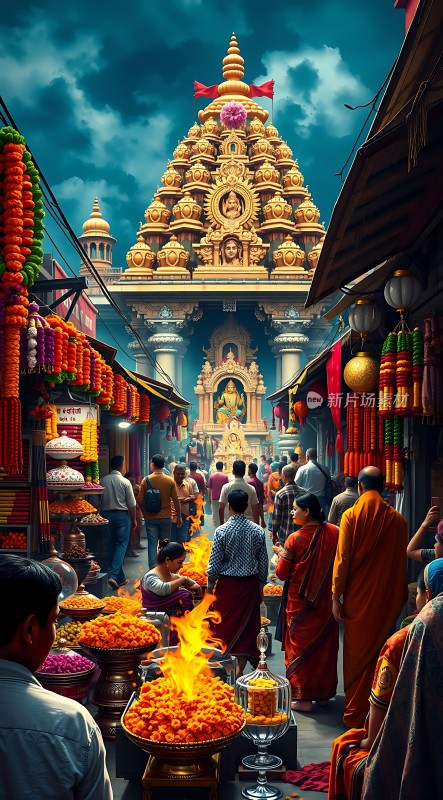 印度寺庙街景金碧辉煌的建筑与热闹的市场