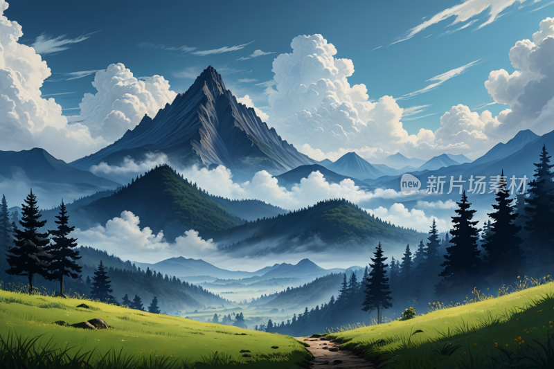 有溪流流经山谷山景高清风景插画图片