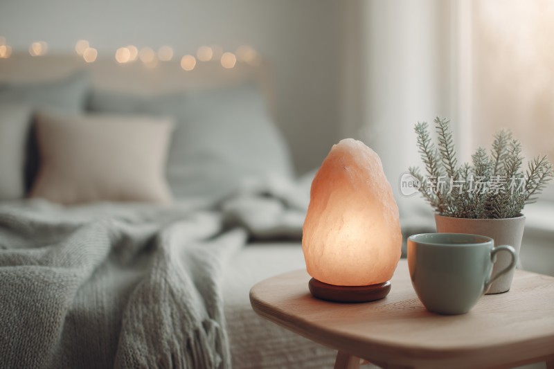 温馨卧室中的盐灯与绿植