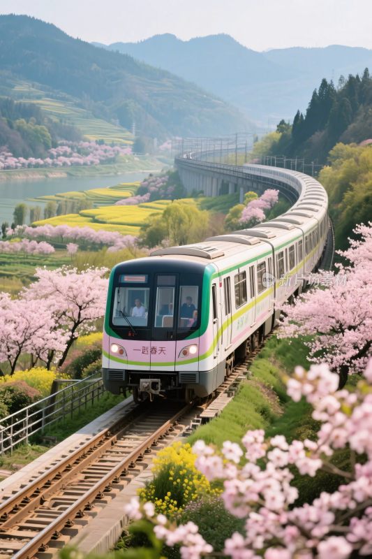 樱花铁轨列车风光