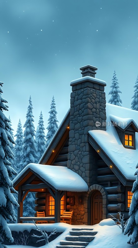 雪夜小木屋温馨宁静