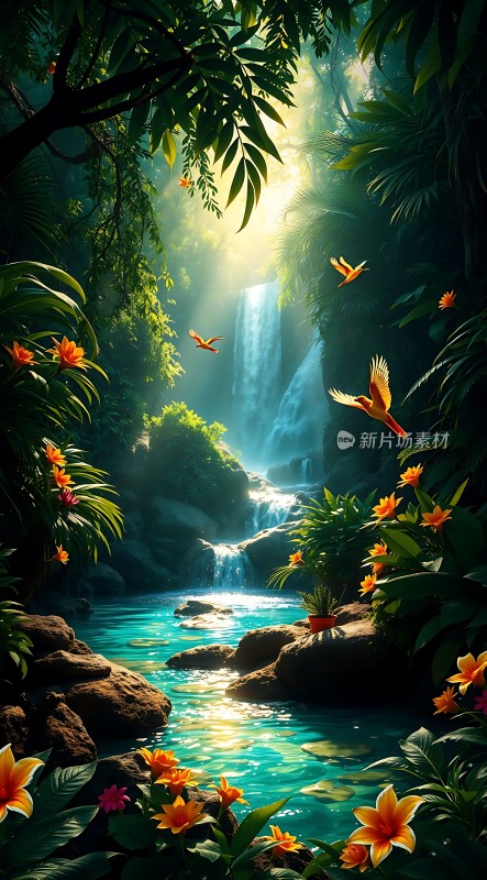 阳光下的瀑布与溪流