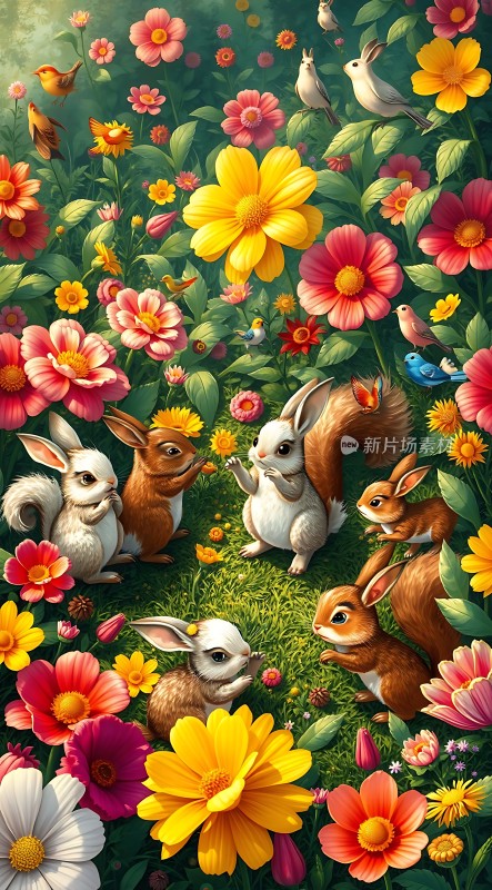 春日花丛中欢快的兔子与鸟儿们