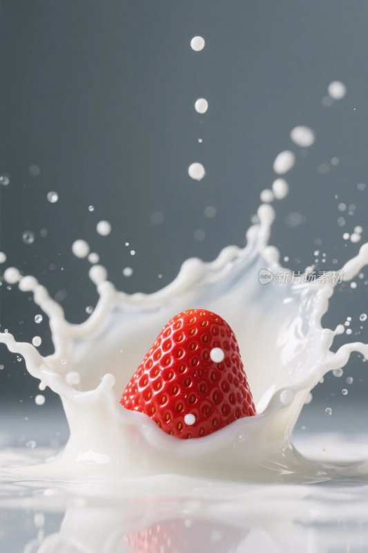 草莓落入液体溅起的瞬间