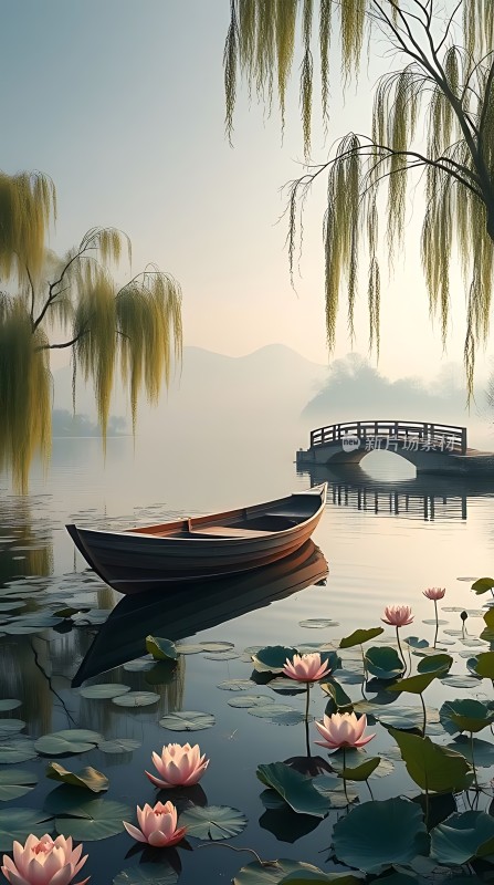 湖畔轻舟映柳桥