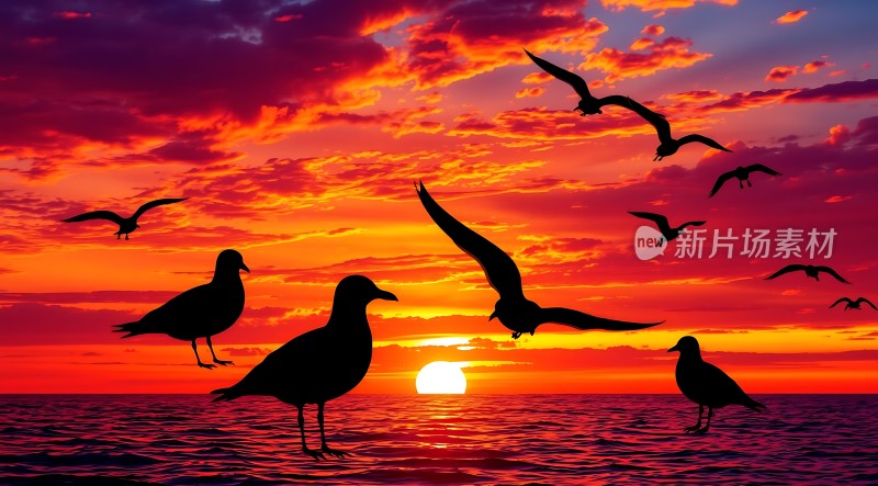 海鸥翱翔日落时分的海洋