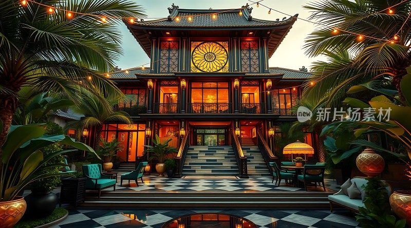 东方庭院热带风情灯光璀璨绿意盎然