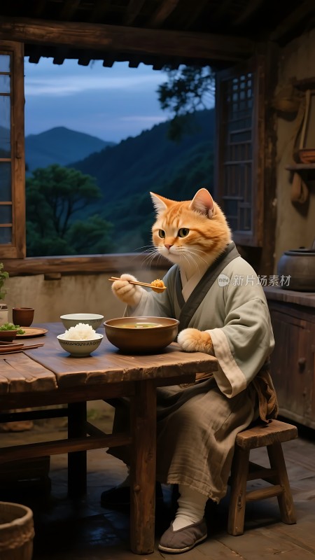 古装橘猫品美食山景映衬显雅致
