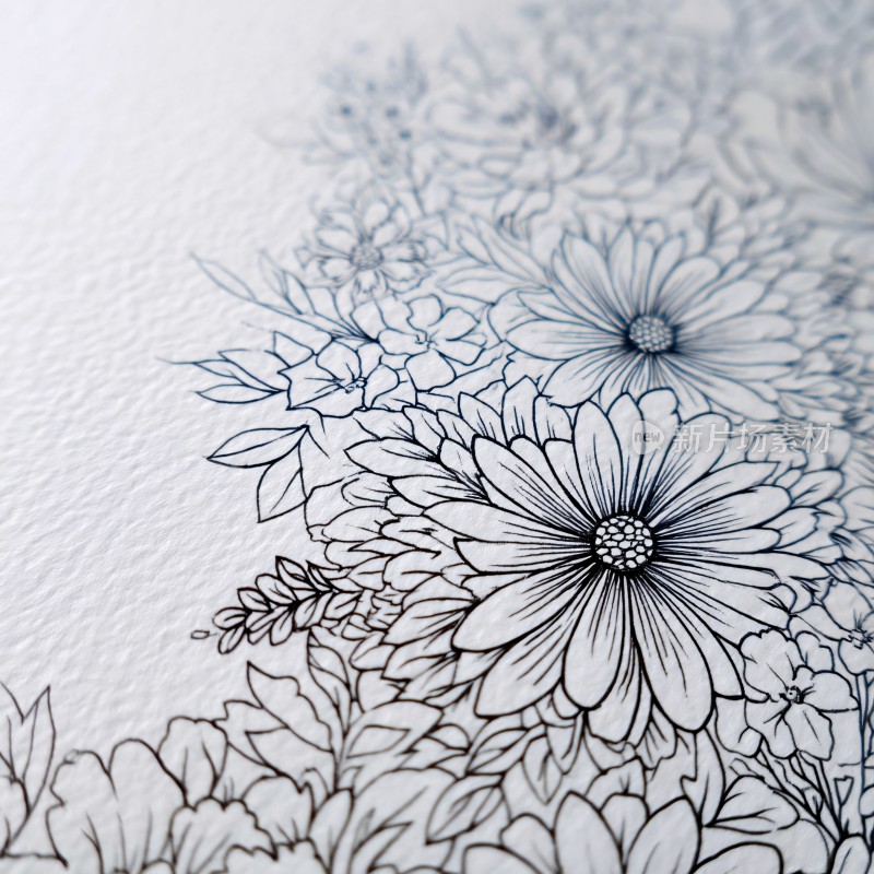 手绘花卉黑白线条插画