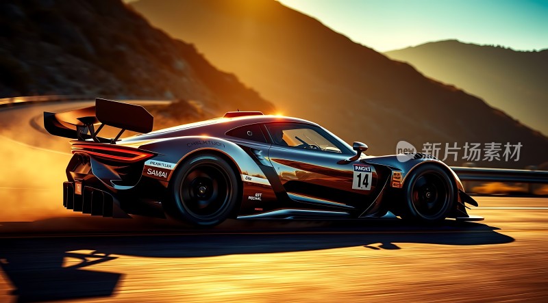 赛道飞驰夕阳下的极速赛车