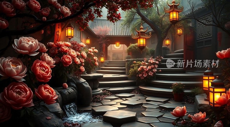 古风庭院夜色灯笼桃花流水