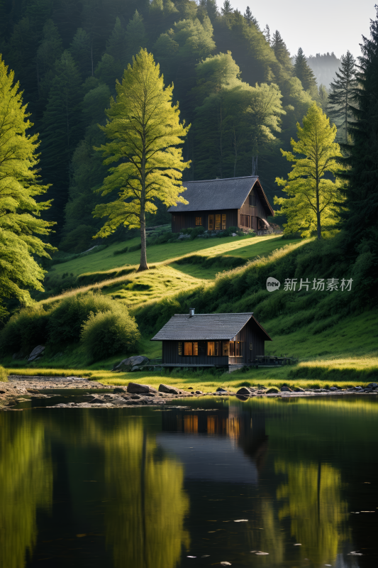 湖边一间小木屋高清风景图片