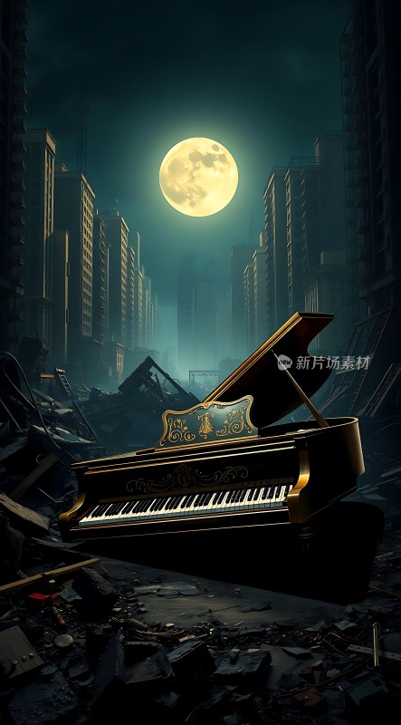 废弃城市中的金色钢琴与明月