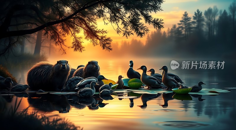 湖畔晨光下的和谐共处