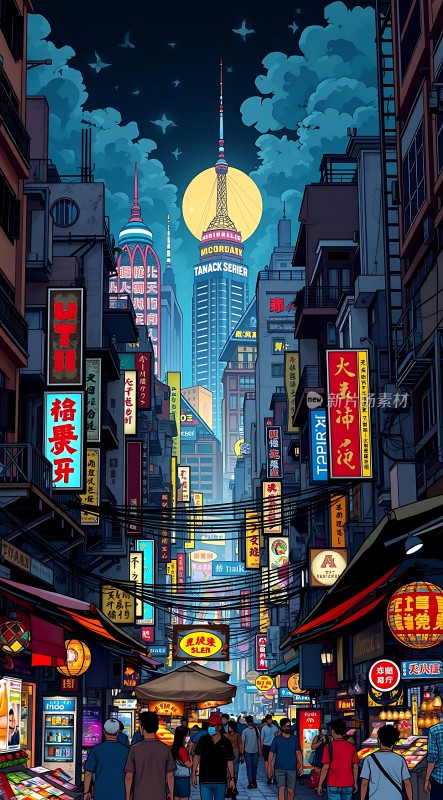 繁华都市夜景霓虹灯招牌与摩天大楼交相辉映
