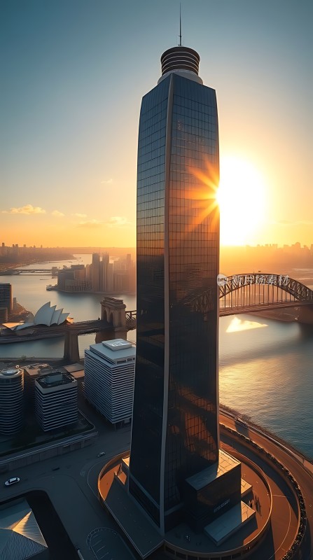 阳光下的摩天大楼与悉尼歌剧院和海港大桥