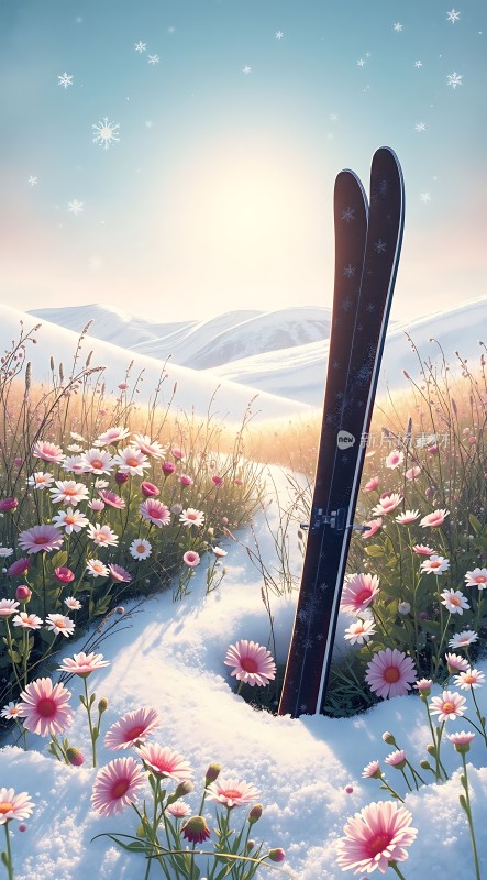 雪地里的花与滑雪板