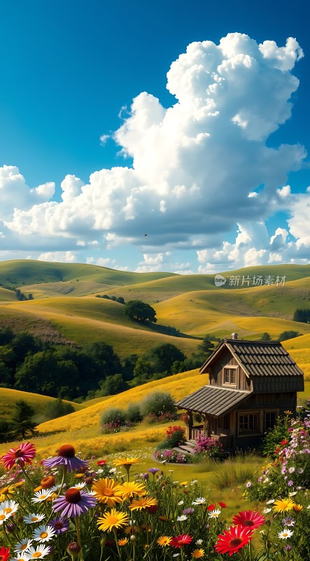 蓝天白云下的木屋与花海