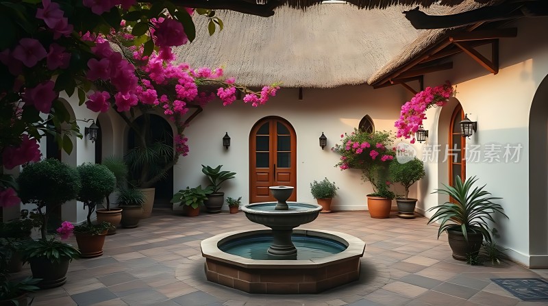 宁静庭院繁花似锦绿意盎然中央喷泉映衬温馨舒适