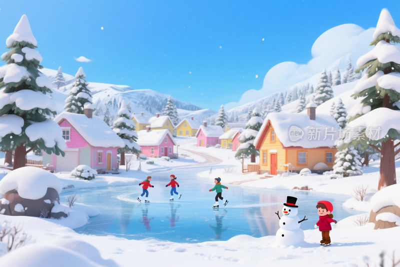冬季童话般的雪景和孩子们堆雪人